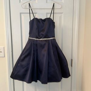 B. Darlin Navy Strapless Dress with Rhinestone waistband Junior 3/4